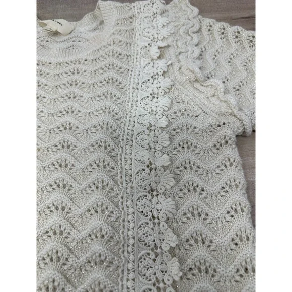 Anthropologie Kachel Shimmer Crochet Short Sleeve Sweater Size Small Offwhite - Picture 3 of 11
